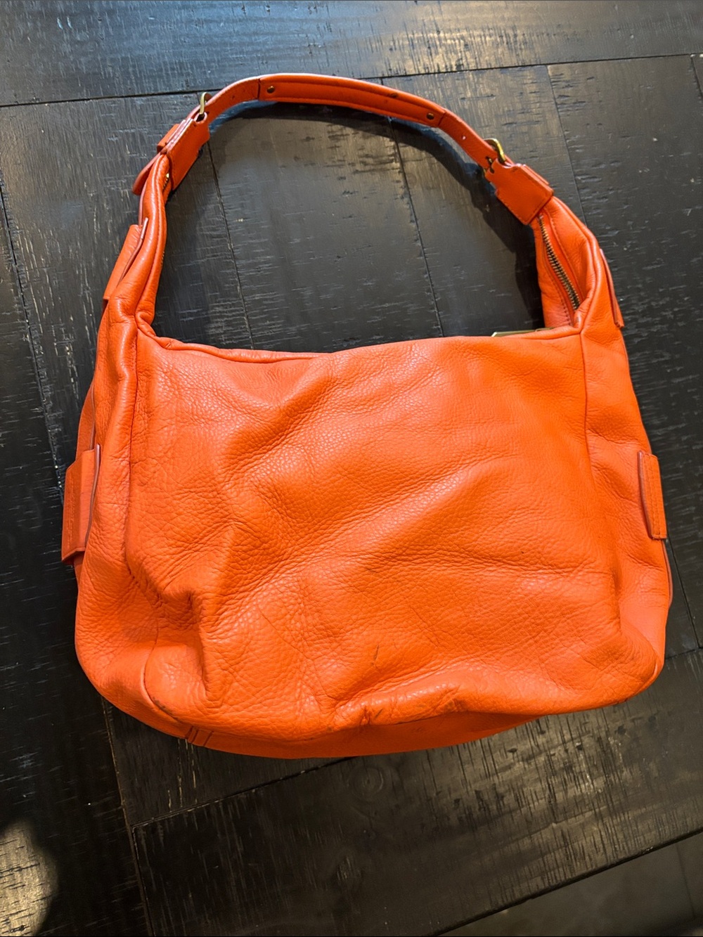 Lauren Ralph Lauren Orange Hobo Pebbled Leather Shoulder Bag Purse - Picture 7 of 14